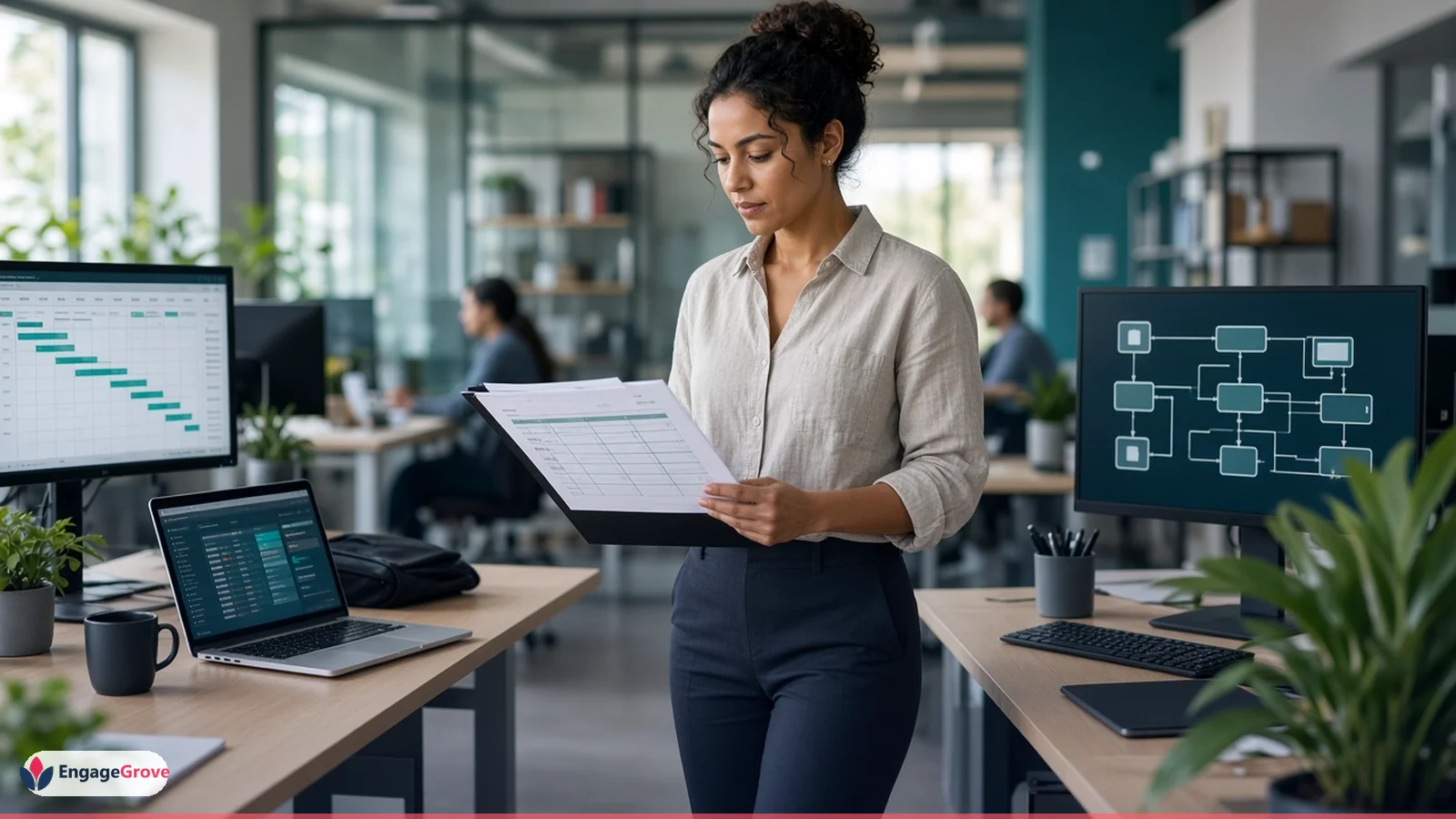 Woman of mixed heritage in a linen shirt planning agency social media workflow in a modern workspace