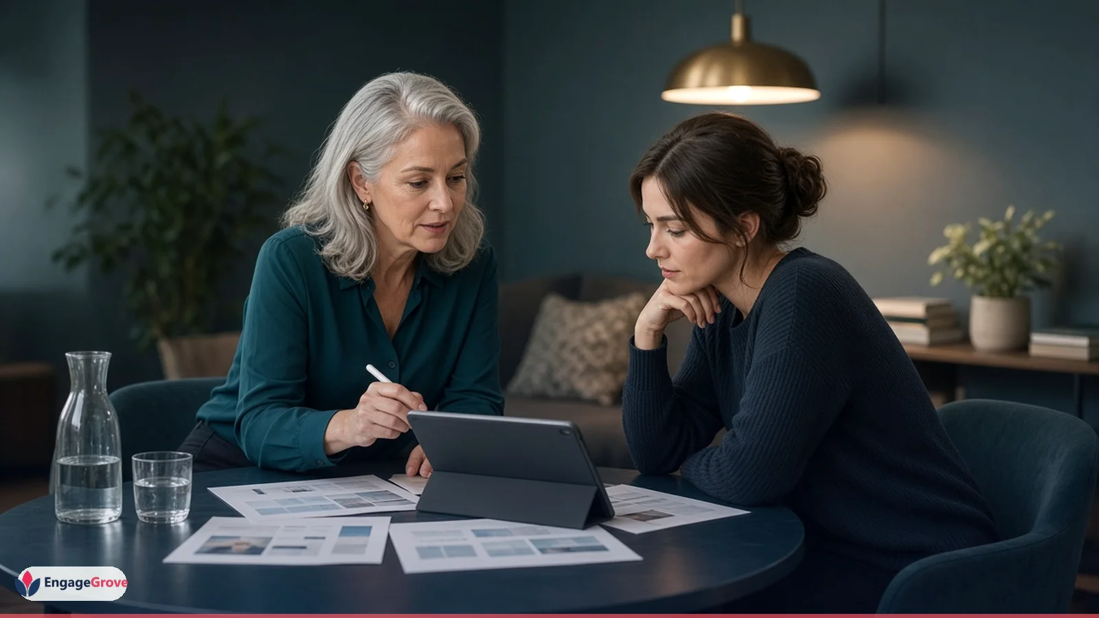 Older woman with silver-streaked hair planning batch content creation in a modern workspace