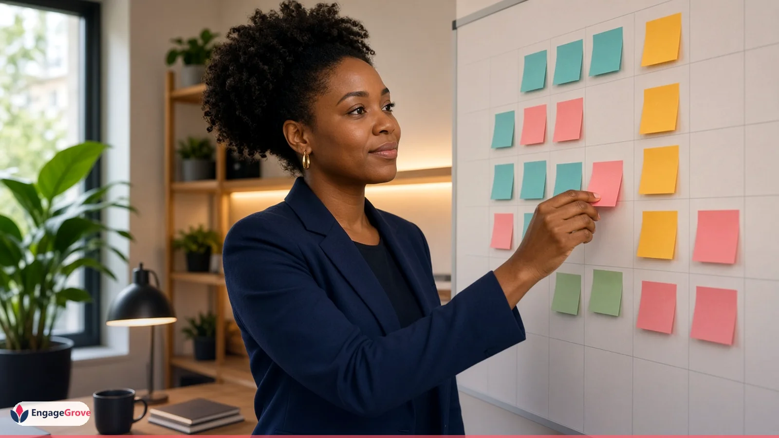 South asian woman wearing a cream sweater planning social media scheduling guide in a modern workspace