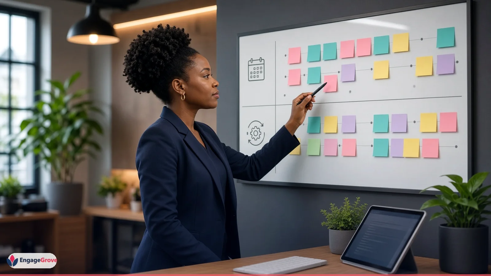 Black woman with natural hair, navy blazer planning social media management mistakes in a modern workspace