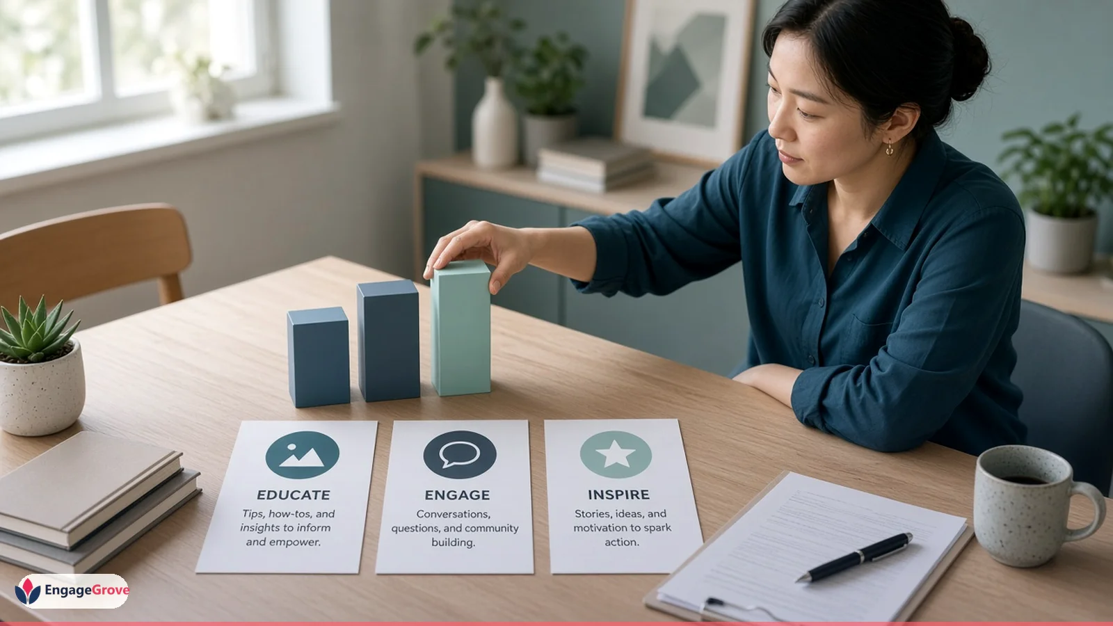 East asian woman in smart-casual attire planning social media content pillars in a modern workspace