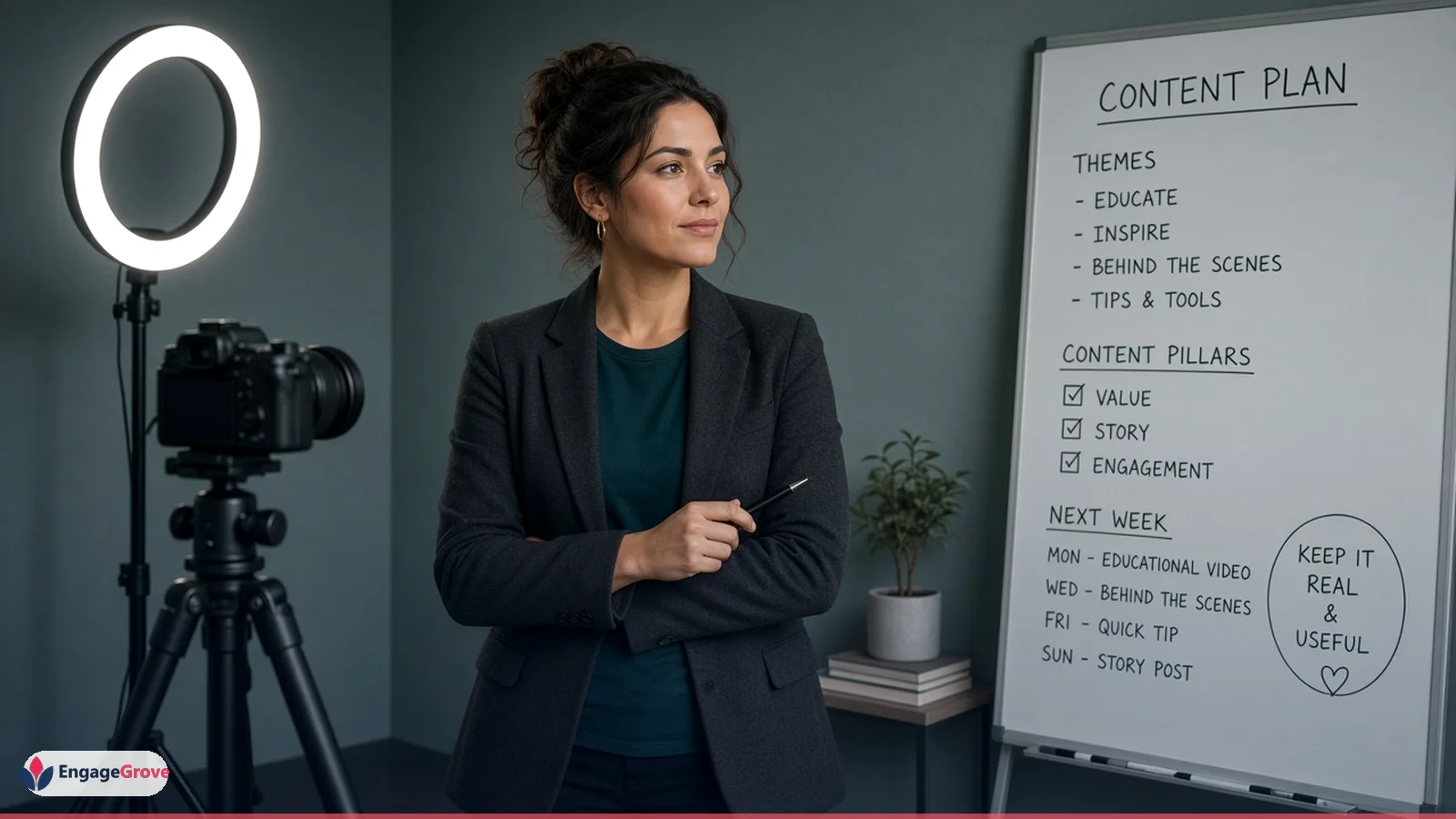 East asian woman in smart-casual attire planning creator content planning in a modern workspace