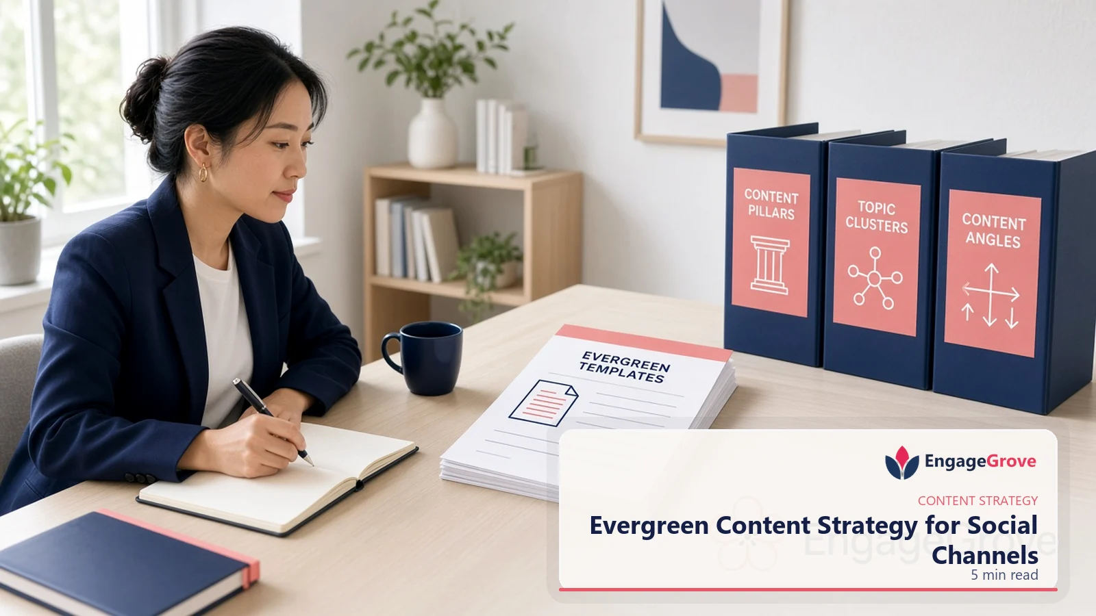 South asian woman wearing a cream sweater planning evergreen social media content in a modern workspace