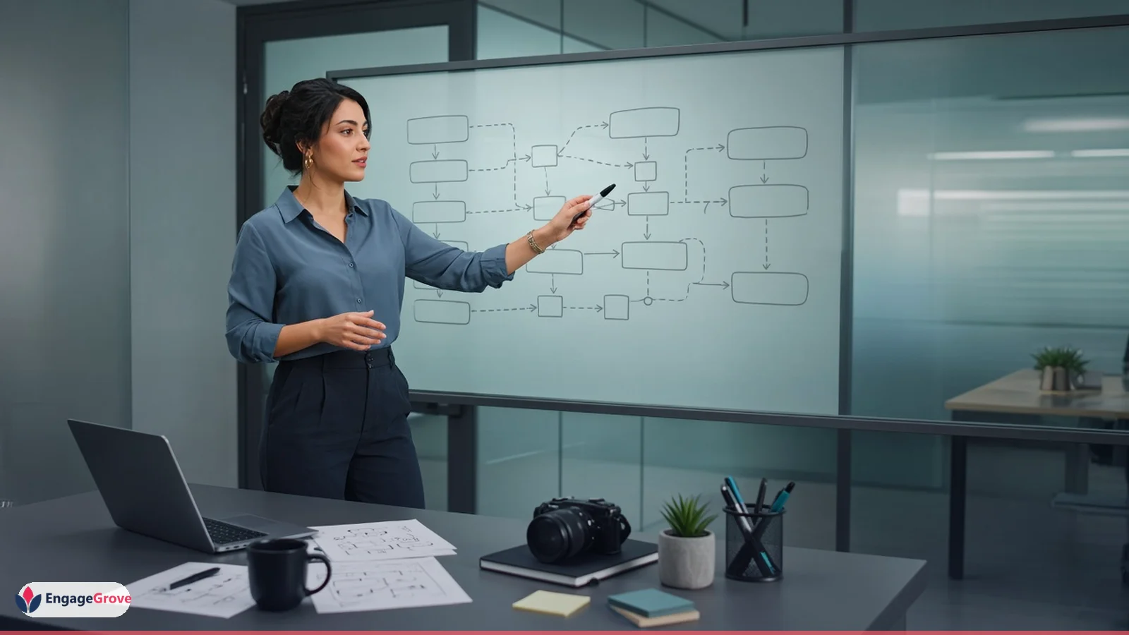 Middle eastern woman in a tailored shirt planning multi-platform social media posting in a modern workspace