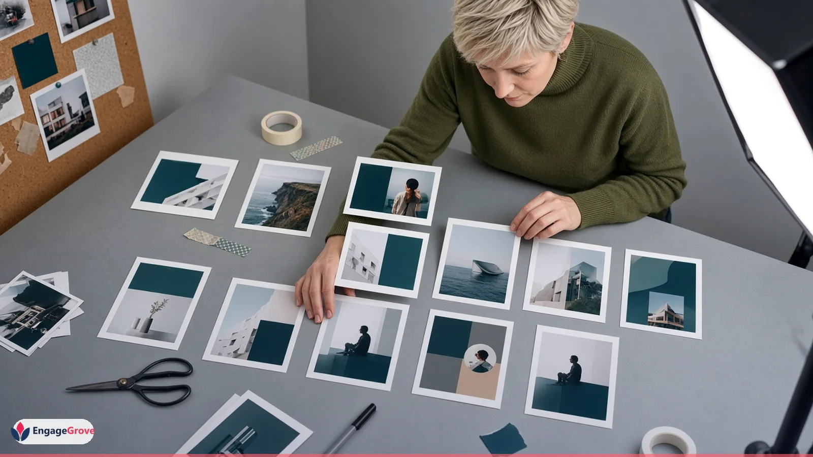 White woman with short hair, olive turtleneck planning social media marketing strategy in a modern workspace