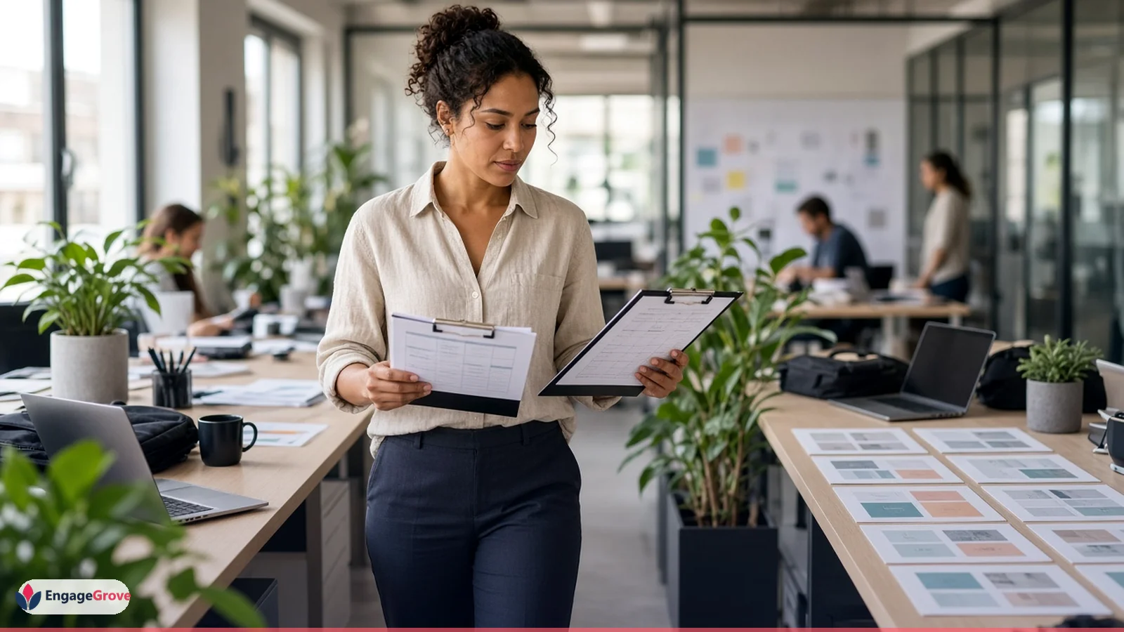 Woman of mixed heritage in a linen shirt planning social media workflows in a modern workspace