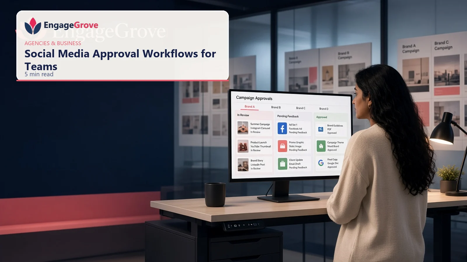 Woman wearing a charcoal blazer planning social media approval workflow in a modern workspace