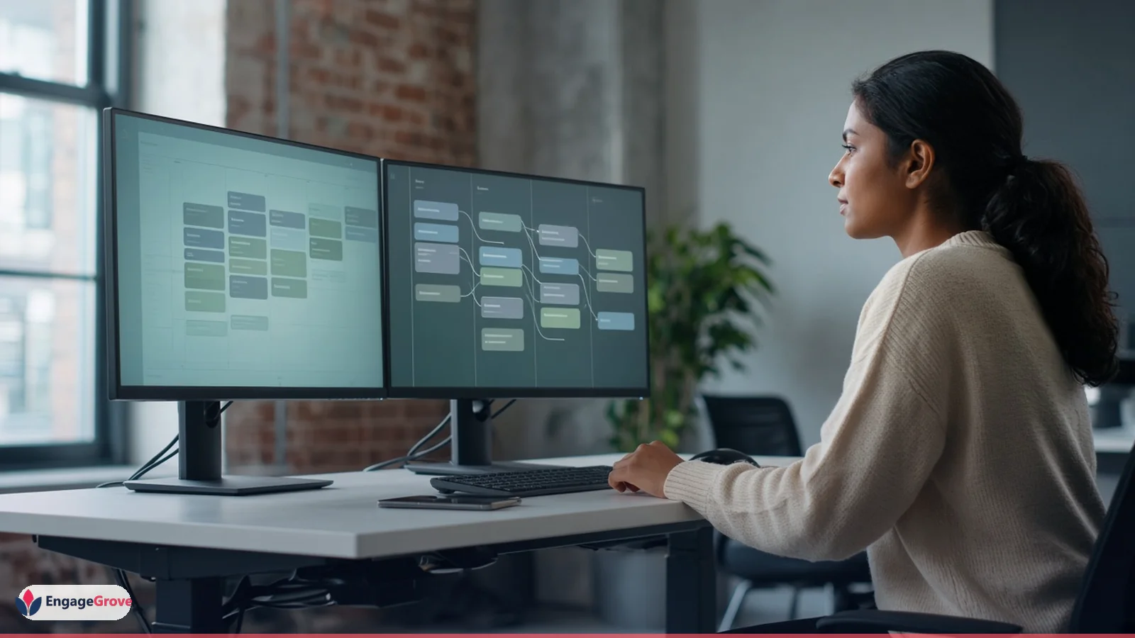 South asian woman wearing a cream sweater planning social media automation vs scheduling in a modern workspace