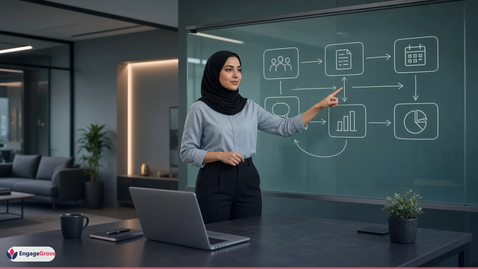 Older woman with silver-streaked hair planning social media management checklist in a modern workspace