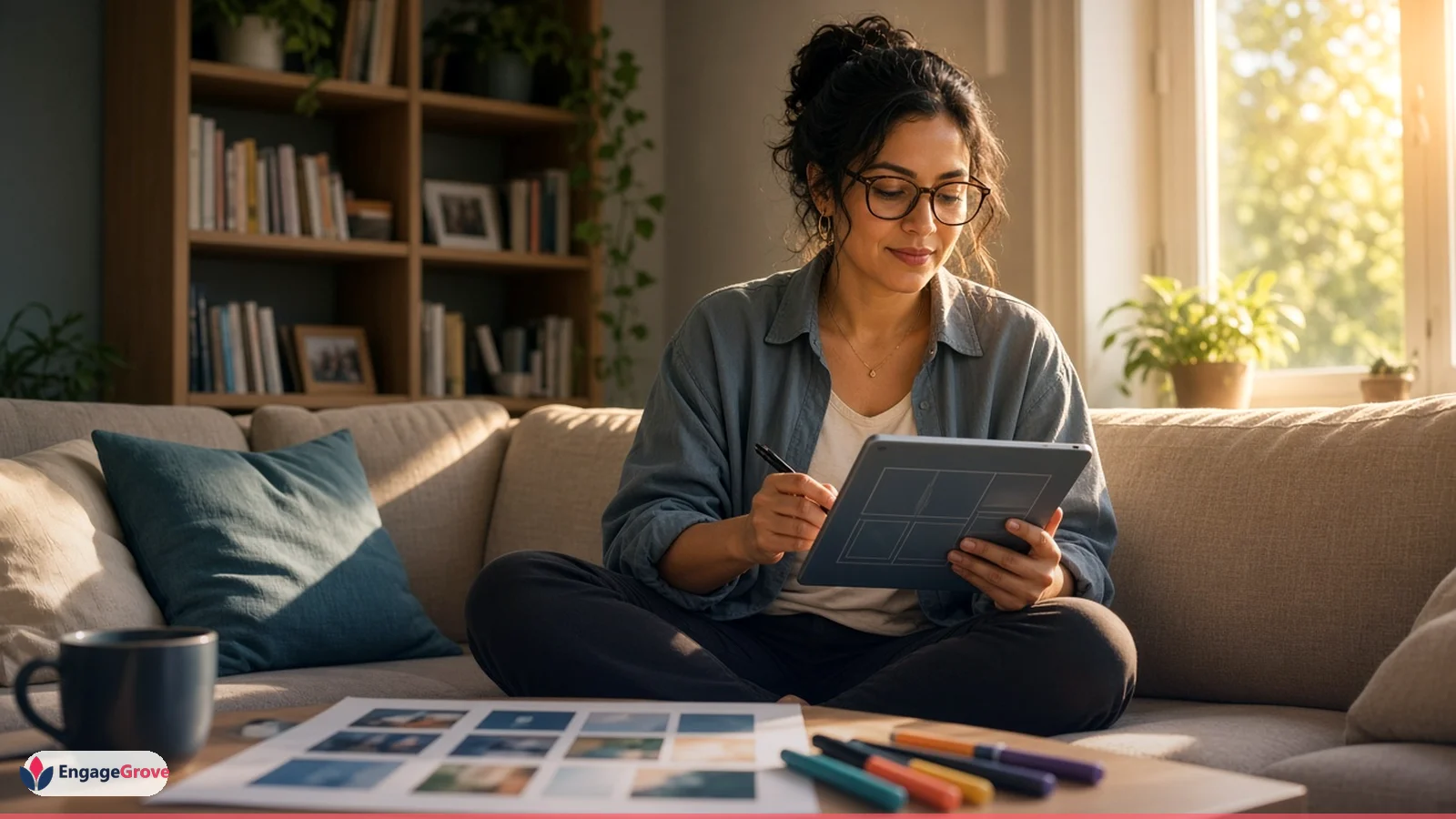 Latina woman with glasses planning social media management workflow in a modern workspace
