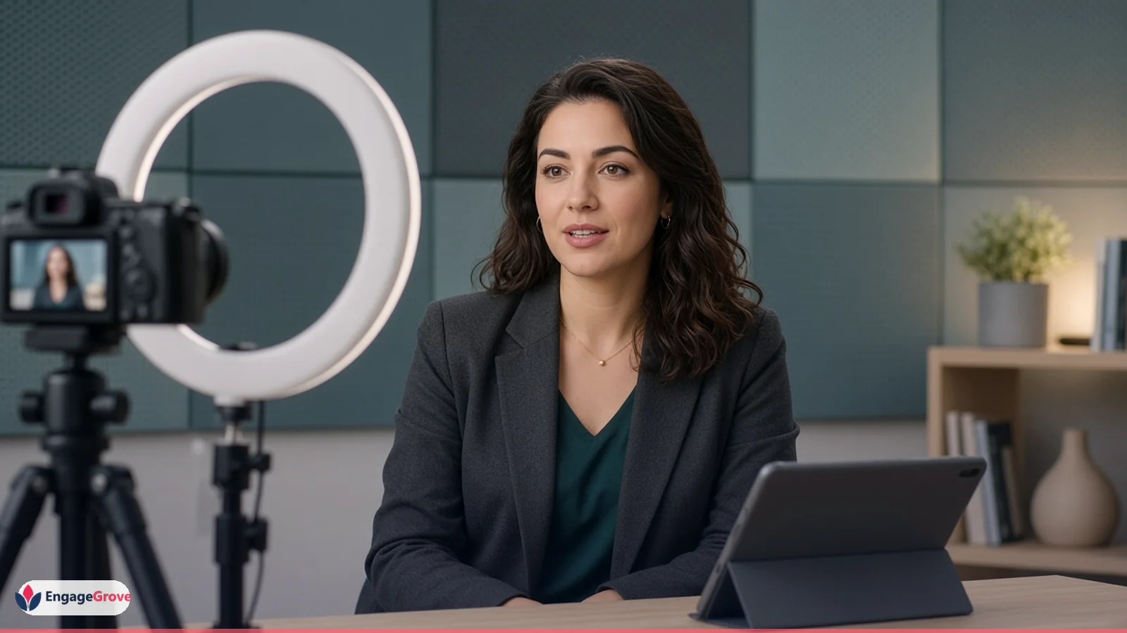 Woman wearing a charcoal blazer planning social media scheduling in a modern workspace