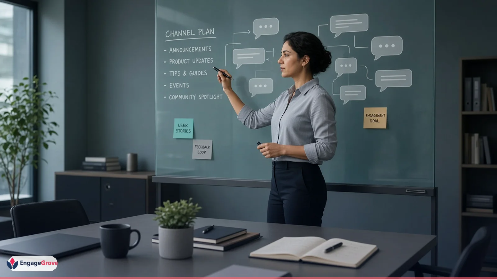 Latina woman with glasses planning Telegram content planning in a modern workspace