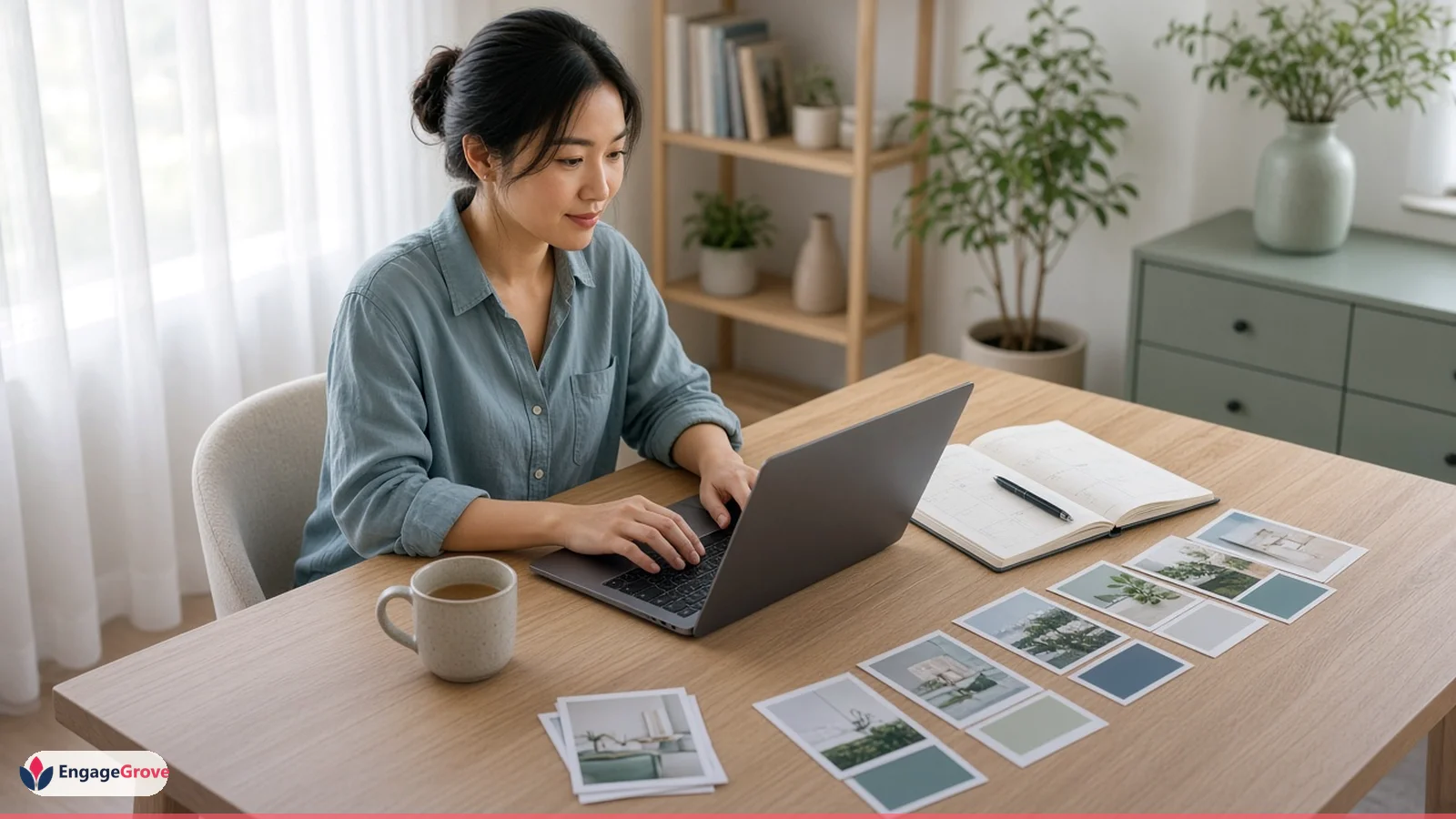 East asian woman in smart-casual attire planning social media management in a modern workspace