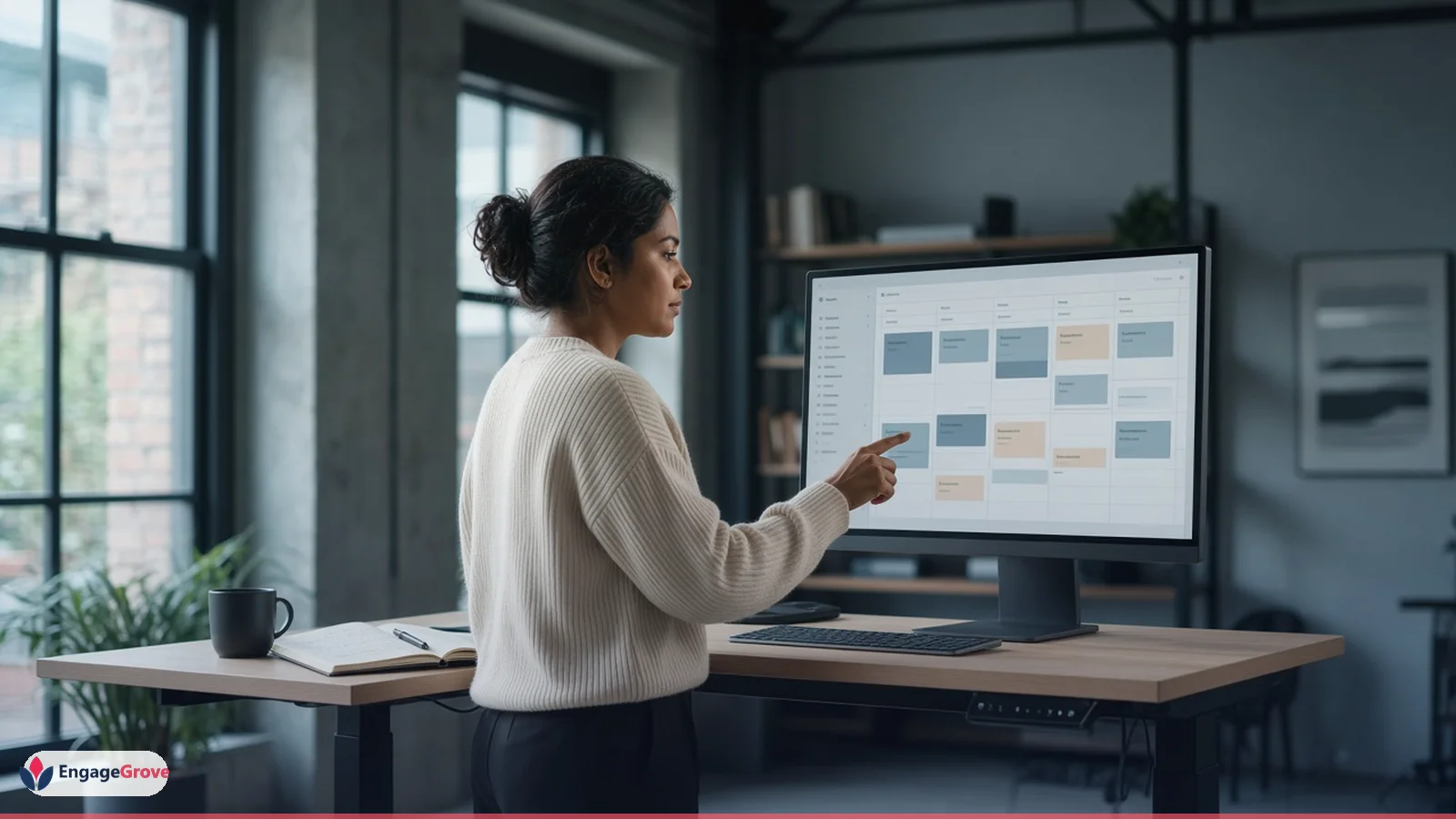 Southeast asian woman with a neat bun planning X content planning in a modern workspace